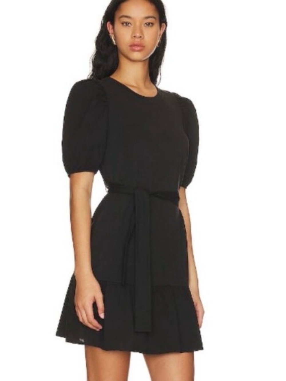 Nation LTD Evangeline Belted Puff Sleeve 100% Cotton Mini Dress Jet Black Medium